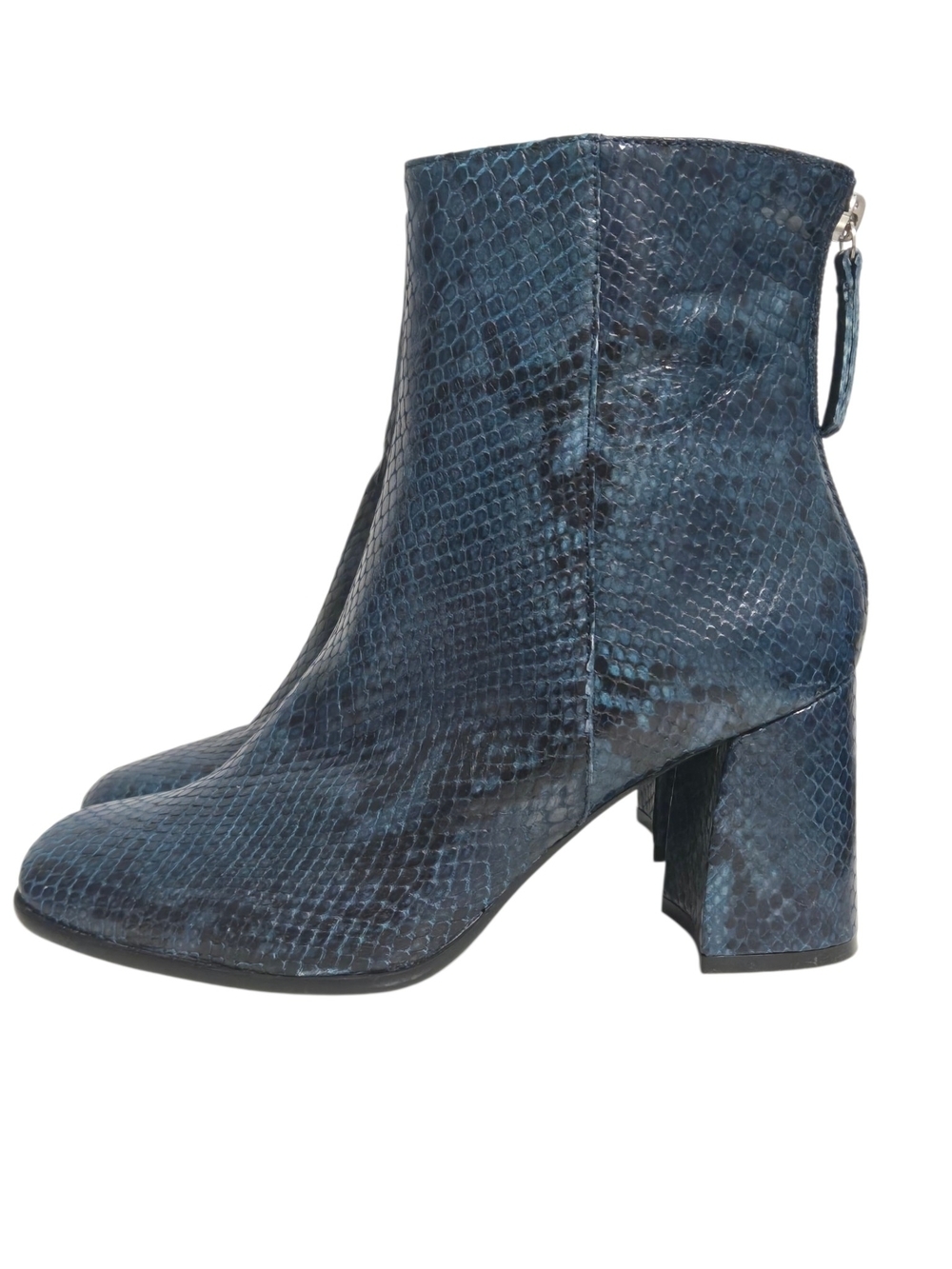 French Connection Navy Snake-Embossed Block Heel Ankle Boots Size US 7